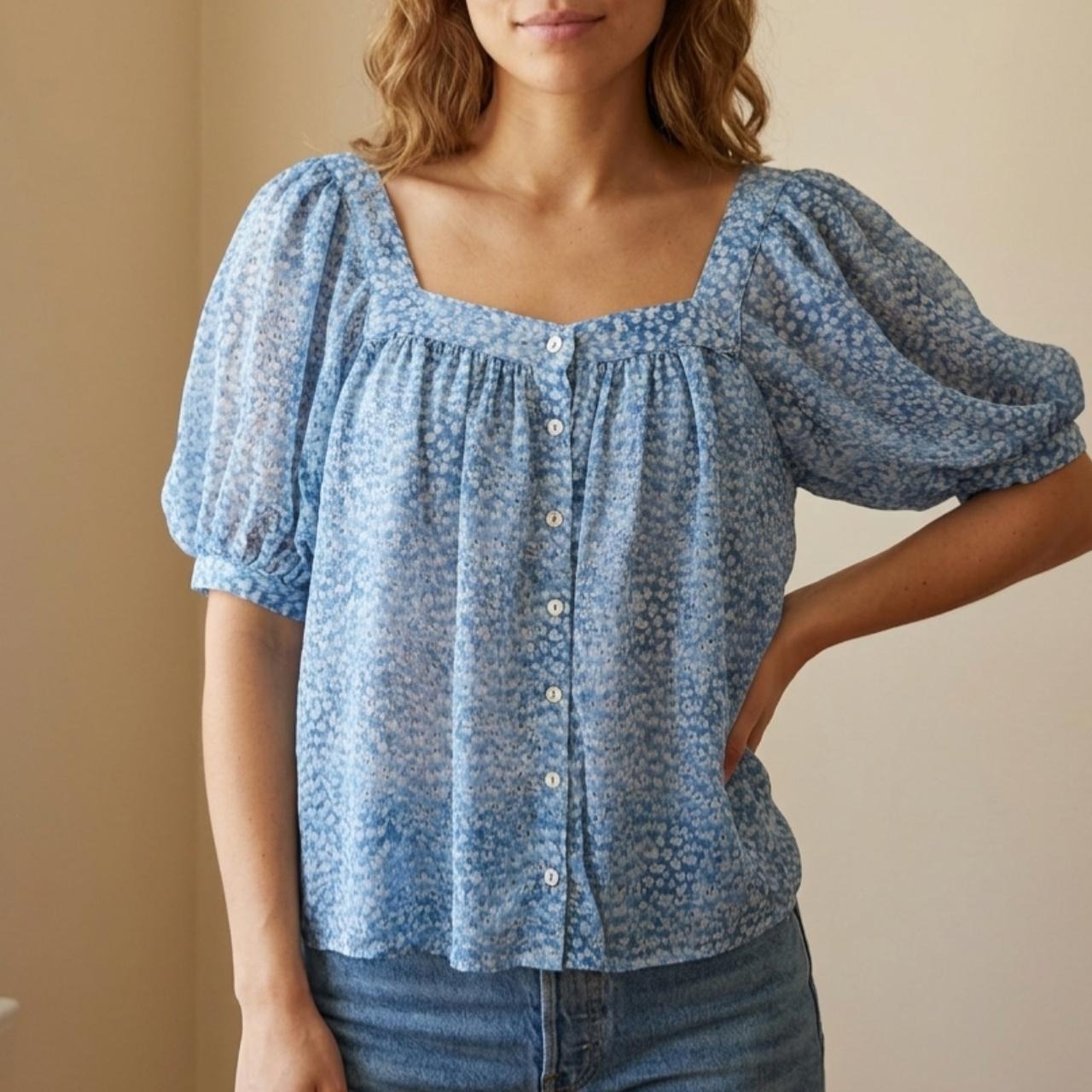 Lovestitch Blue Ditsy Floral Puff Sleeve Square Neck Blouse S